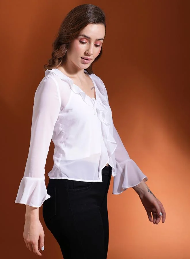 globus Globus Ruffled Detail Tie-Up Neck Crop Top