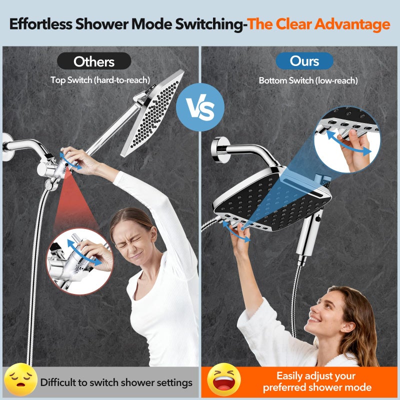 JDO High Pressure Rain Shower Head, 7 Spray Modes Rain Shower Heads with Handheld Spray Combo, Dual Showerhead with 10 Inch Rainfall Spray, Detachable Hand Held Shower, Stainless Steel Hose, Power Wash - Image 3