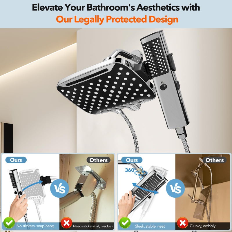 JDO High Pressure Rain Shower Head, 7 Spray Modes Rain Shower Heads with Handheld Spray Combo, Dual Showerhead with 10 Inch Rainfall Spray, Detachable Hand Held Shower, Stainless Steel Hose, Power Wash - Image 4