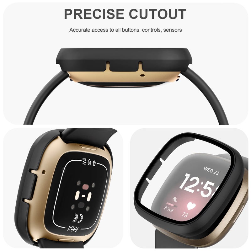 Mugust Screen Protector for Fitbit Sense/Versa 3 - HD Tempered Glass Sensitive Touch Bumper Hard PC Cover: Full Black, 3 Pack - Image 4