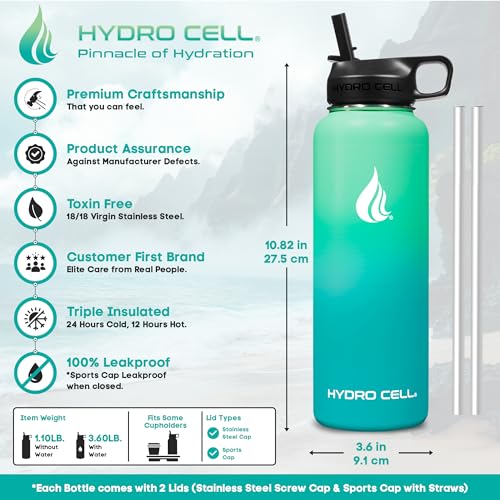 HYDRO CELL Stainless Steel Insulated Water Bottle with Straw - For Cold & Hot Drinks - Metal Vacuum Flask with Screw Cap and Modern Leakproof Sport Thermos for Adults (Mint/Green 40oz) - Image 3
