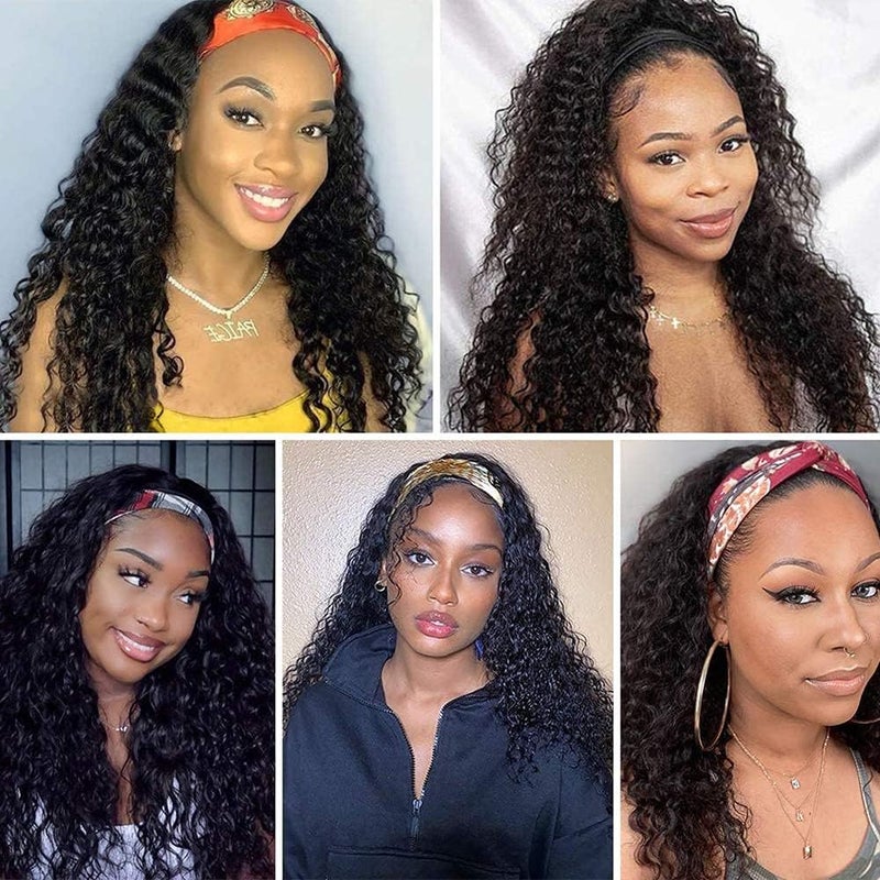 XSY Headband Wig Human Hair 18 Inch Deep Wave Human Hair Headband Wigs for Black Women Glueless Curly Headband Wig 150% Density Natural Color - Image 4