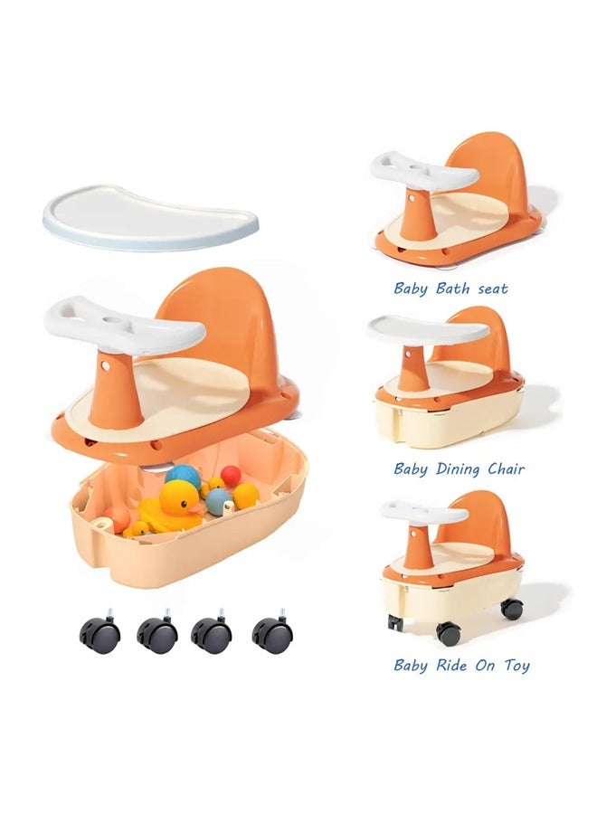 ضغط فين مقعد استحمام للأطفال 3 في 1 مقعد استحمام للأطفال الصغار غير قابل للانزلاق بعجلات مقعد استحمام للأطفال الرضع مزود بأكواب شفط يتحول إلى كرسي طعام للأطفال سكوتر للأطفال (وردي) - Image 3