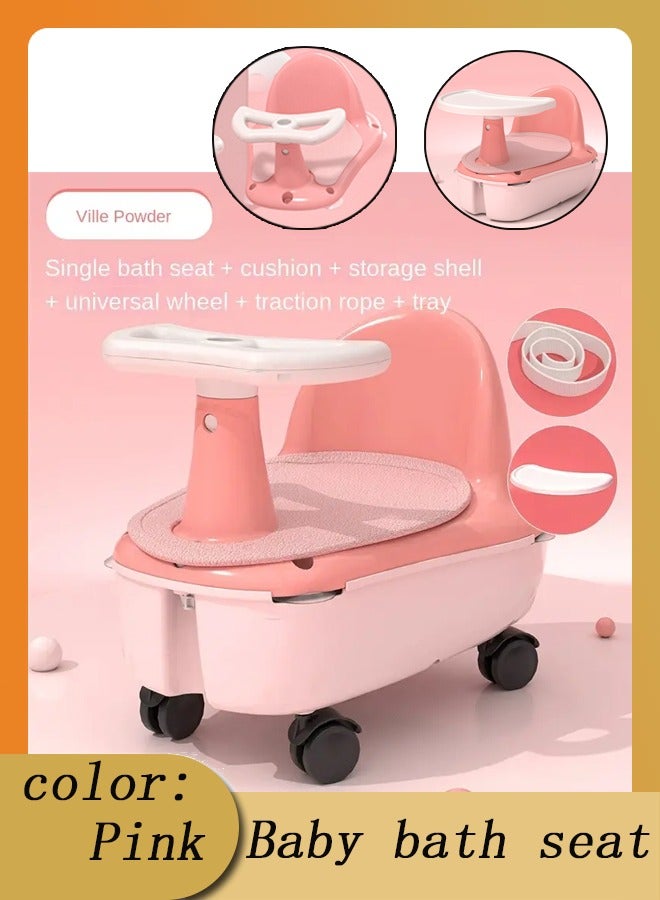 ضغط فين مقعد استحمام للأطفال 3 في 1 مقعد استحمام للأطفال الصغار غير قابل للانزلاق بعجلات مقعد استحمام للأطفال الرضع مزود بأكواب شفط يتحول إلى كرسي طعام للأطفال سكوتر للأطفال (وردي) - Image 1