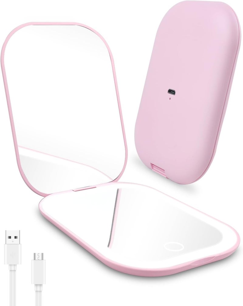 Rantizon Rechargeable Compact Mirror Portable Led Travel Makeup Mirror Charging Pocket Handbag Mirror 1X2X Magnification 3 Light Modes for Women Teenage Girls Gift Sets Pink