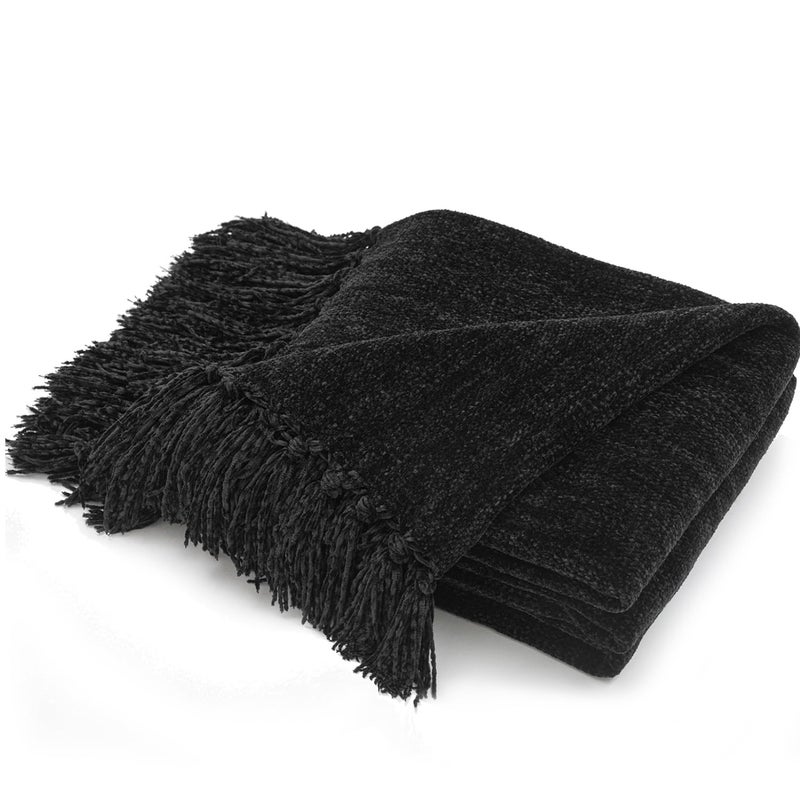 RECYCO Throw Blanket Soft Cozy Chenille Throw Blanket with Fringe Tassel for Couch Sofa Chair Bed Living Room Gift Black 50 x 60