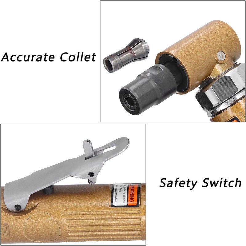 Right Angle Air Die Grinder - 20000 RPM Free Speed, 0.5 to 0.7 MPa Working Pressure - 1/4 Inch Collet Pneumatic Polisher Tool Set Kit with Steel Core - Includes EU Plug (EU Plug) - Image 3