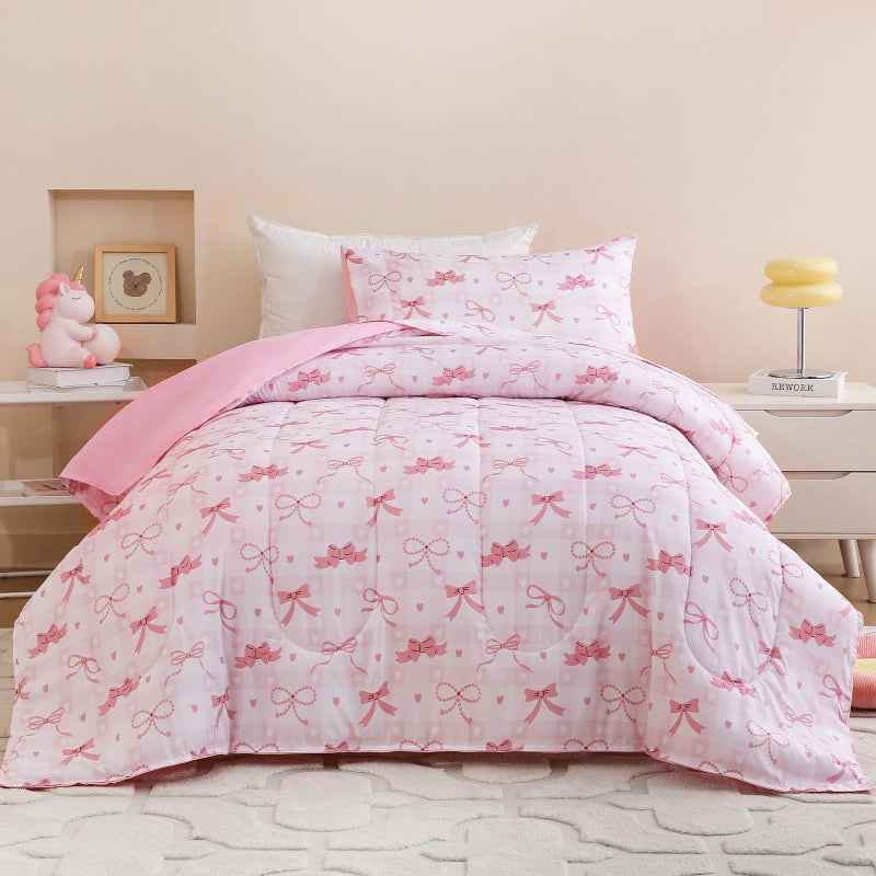 Homilay Toddler Comforter Set for Kids, Boys, Girls, 4 Pieces Bed-in-a-Bag Bedding Set, All Season Ultra Soft Sheets Set with Comforter, Pink Bow - Image 2
