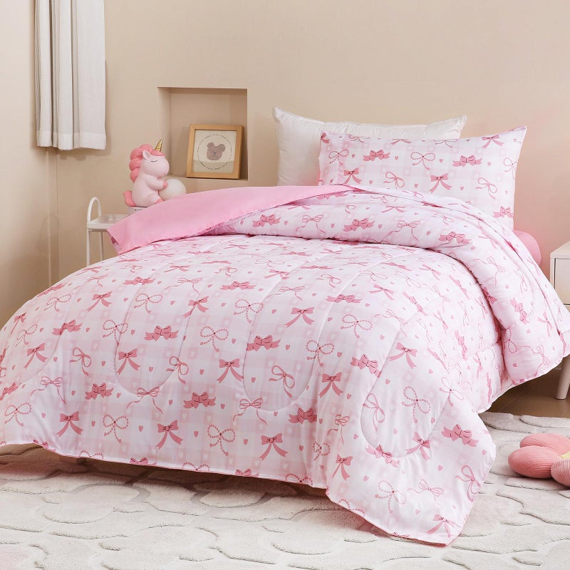 Homilay Toddler Comforter Set for Kids, Boys, Girls, 4 Pieces Bed-in-a-Bag Bedding Set, All Season Ultra Soft Sheets Set with Comforter, Pink Bow - Image 1