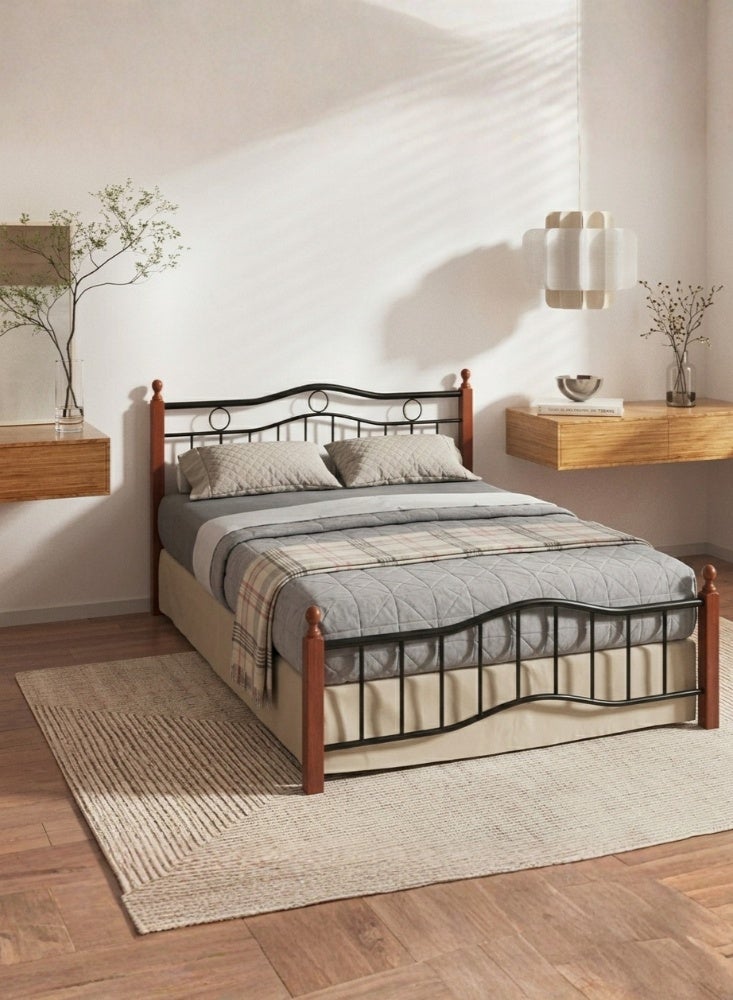 Karnak Forno Wooden Steel Small Double Bed Frame 120x190cm Heavy Duty Modern Bed for Home & Hostel (Cherry Brown) - Image 1
