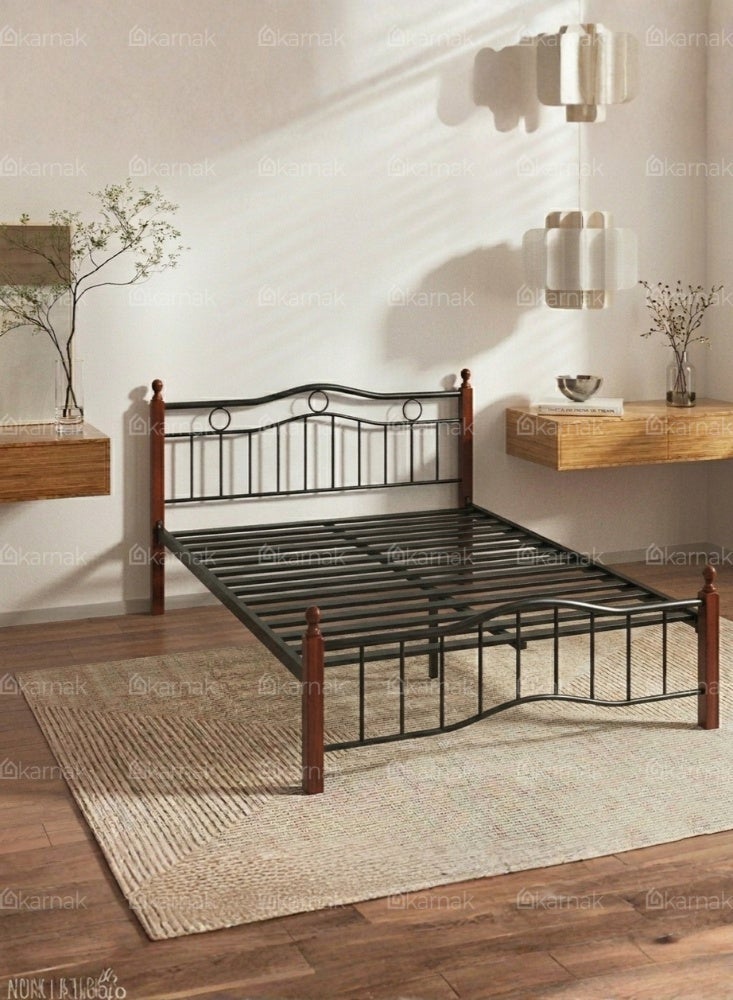 Karnak Forno Wooden Steel Small Double Bed Frame 120x190cm Heavy Duty Modern Bed for Home & Hostel (Cherry Brown) - Image 5
