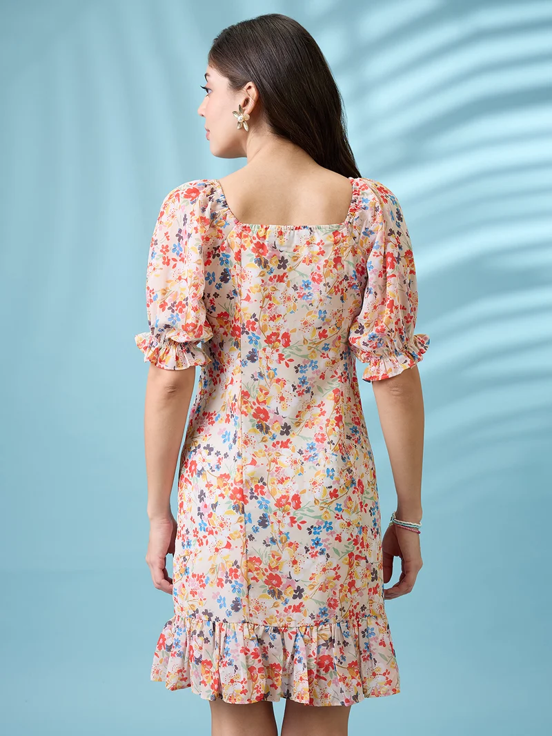 globus Women White Allover Floral Printed Square Neck Puff Sleeves Ruched Detail Georgette Ruffle Hem Mini Party Dress