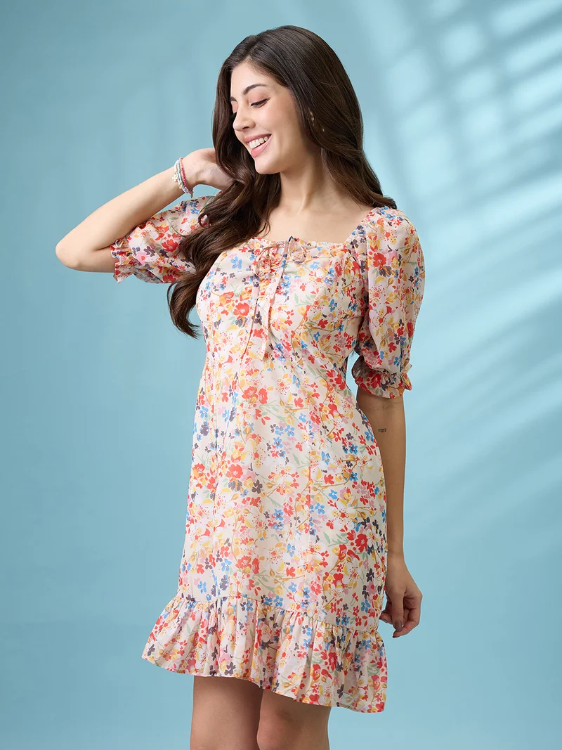 globus Women White Allover Floral Printed Square Neck Puff Sleeves Ruched Detail Georgette Ruffle Hem Mini Party Dress