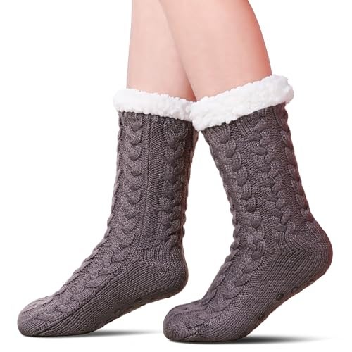 SDBING Women's Winter Super Soft Warm Cozy Fleece Lined Fuzzy Slipper Socks with Grippers (Dark Gray, 6-10) - Image 1