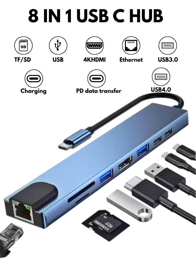 8 in 1 USB C Hub multiport adapter with 4K HDMI PD charging USB C Ethernet dual USB ports SD and TF card reader compatible with MacBook Pro XPS and other Type C devices for seamless connectivity