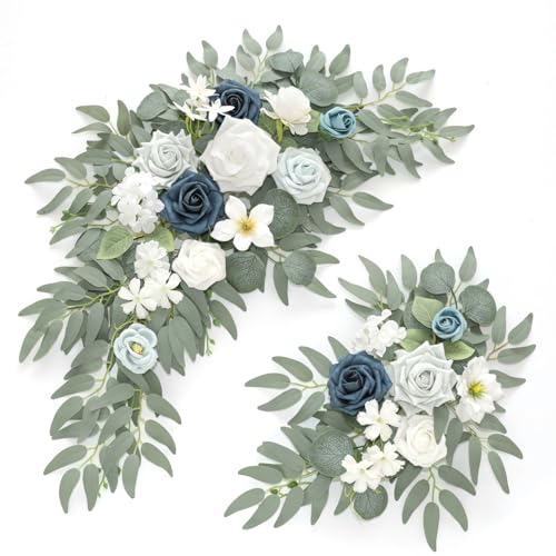 Piklado Faux Flower Swag Set of 2 for Wedding Welcome Signs Floral Swag Wedding Reception Ceremony Signs Decor (A-White Blue) - Image 1