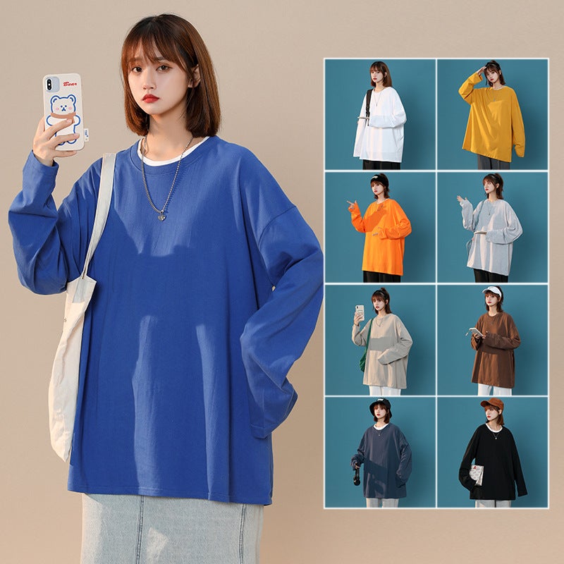 2022 Hong Kong Style Couple Simple Solid Color Loose Long Sleeve T-Shirt Men'S Casual Round Neck Pullover Base Shirt - Image 4