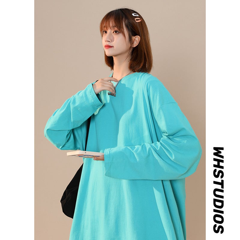 2022 Hong Kong Style Couple Simple Solid Color Loose Long Sleeve T-Shirt Men'S Casual Round Neck Pullover Base Shirt - Image 1