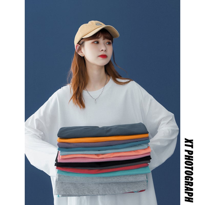 2022 Hong Kong Style Couple Simple Solid Color Loose Long Sleeve T-Shirt Men'S Casual Round Neck Pullover Base Shirt - Image 5