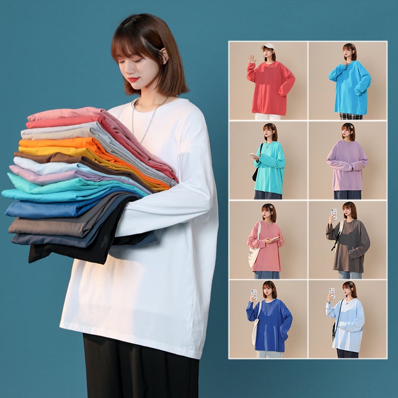 2022 Hong Kong Style Couple Simple Solid Color Loose Long Sleeve T-Shirt Men'S Casual Round Neck Pullover Base Shirt - Image 2