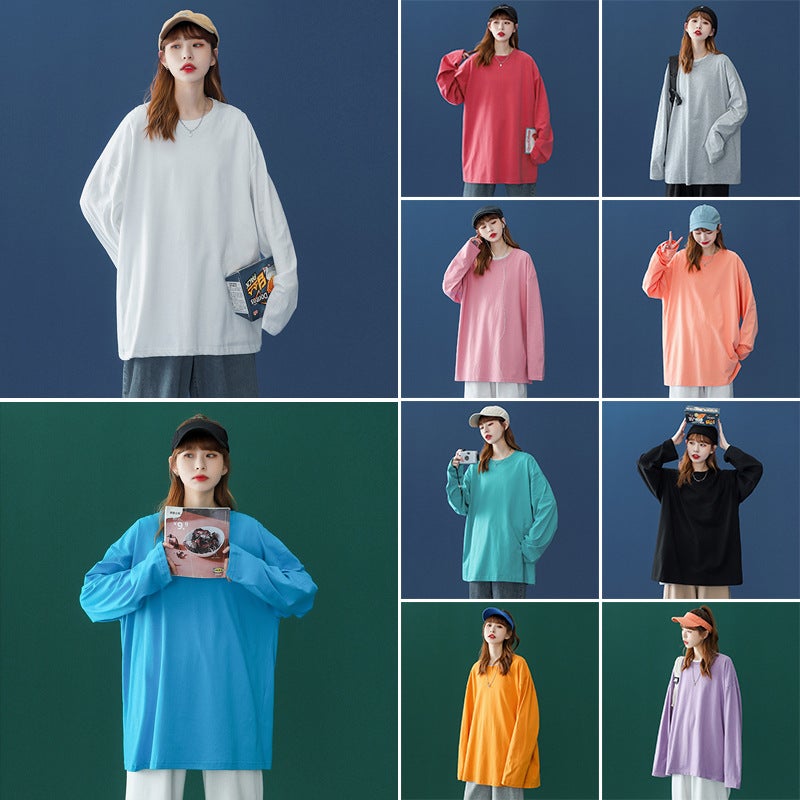 2022 Hong Kong Style Couple Simple Solid Color Loose Long Sleeve T-Shirt Men'S Casual Round Neck Pullover Base Shirt - Image 3