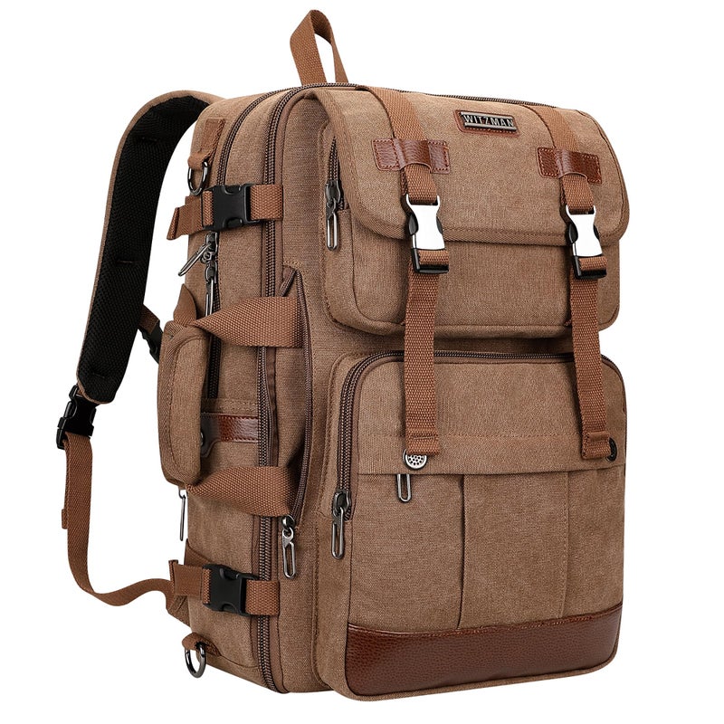 WITZMAN Canvas Travel Backpack for Men Large Laptop Backpack Fit 16 inch Carry-on Airline Approved Convertible Shoulder Rucksack(A6617-3 Brown) - Image 1