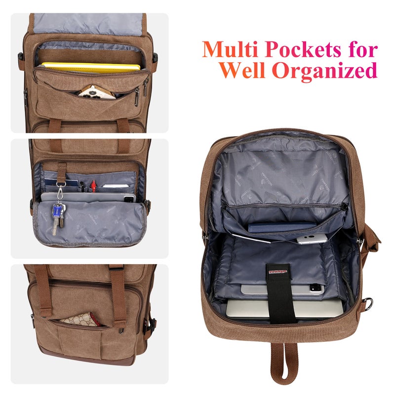WITZMAN Canvas Travel Backpack for Men Large Laptop Backpack Fit 16 inch Carry-on Airline Approved Convertible Shoulder Rucksack(A6617-3 Brown) - Image 4
