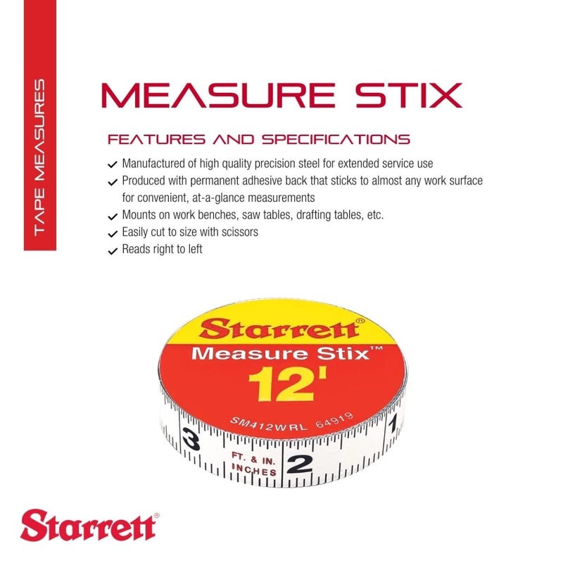 Starrett Tape Measure Stix with Adhesive Backing  Mount to Work Bench Saw Table Drafting Table  12 x 12 English Metric RightLeft Reading  SM412WRL - Image 2