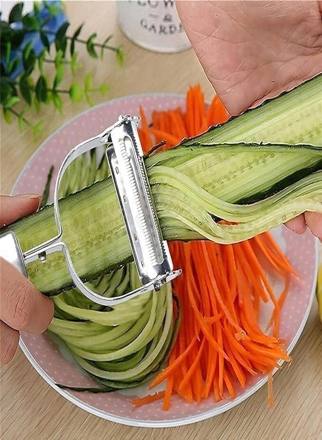 Josmimic 2 in 1 Stainless Steel Julienne Vegetable Peeler Multi-Functional Fruit & Veggie Shredder Slicer and Grater for Potatoes, Carrots, Cucumbers (Silver, 18 x 8.2 x 2.4 cm) - Image 1
