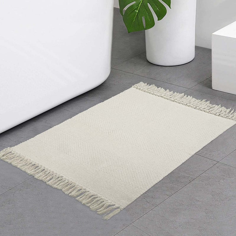 Collive Small Bathroom Rug 2 x 3 HandWoven Low Profile Front Entryway Rug WhiteBeige Cotton Reversible Washable Kitchen Mat Modern Farmhouse Carpet for Foyer Bedroom Back Door Decor