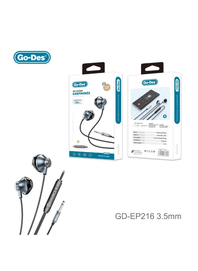 Go-Des Wired Earphones 3.5mm Semi In-Ear Metal Headphones with Mic Volume Control for Smartphone Music and Calls