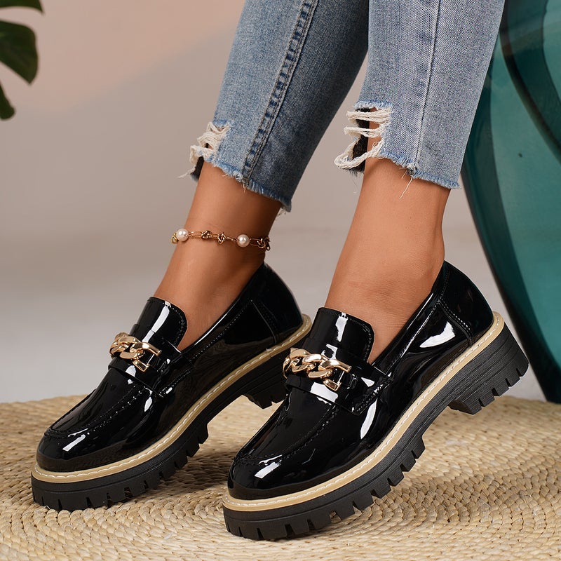 Large Size Chain Thick-Soled Height-Increasing Loafers In-Stock Fashion Versatile British Style Small Leather Shoes - Image 3
