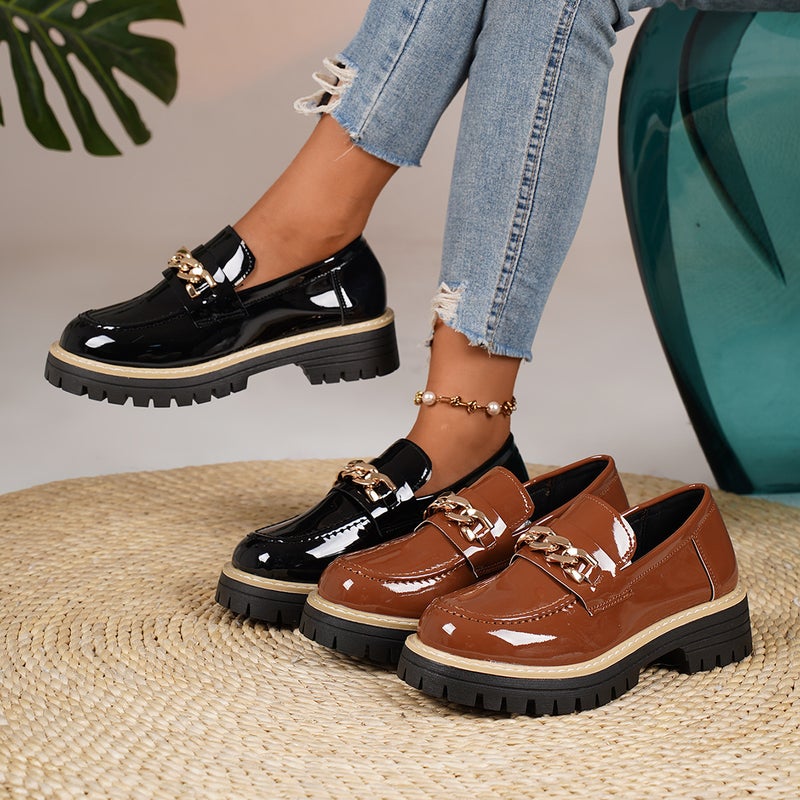 Large Size Chain Thick-Soled Height-Increasing Loafers In-Stock Fashion Versatile British Style Small Leather Shoes - Image 2