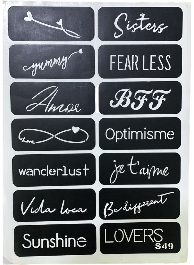 1 Sheet Quote Henna Tattoo Stencils Temporary Stickers Modern Script Words Phrases BFF Sisters Amor Fearless Optimisme Wanderlust Lovers Reusable Body Art Template Kit English French Handwriting Decals for Women Girls Friendship and Self-Expression.