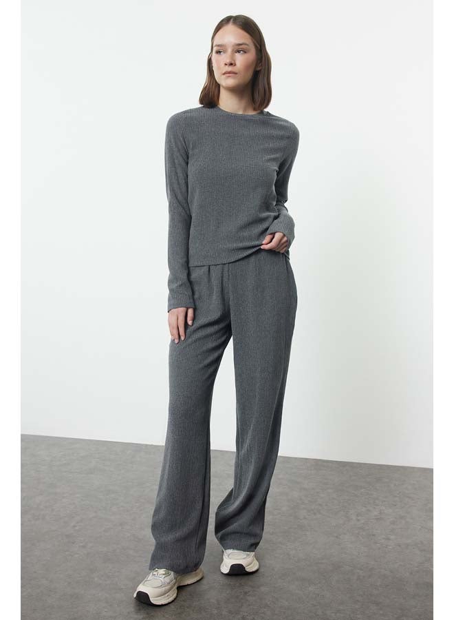 trendyol Anthracite Stand-Up Collar Gather Detailed Normal Waist Wideleg/Wide Leg Knitted Bottom-Top Set TWOAW25AU00105  - Image 1