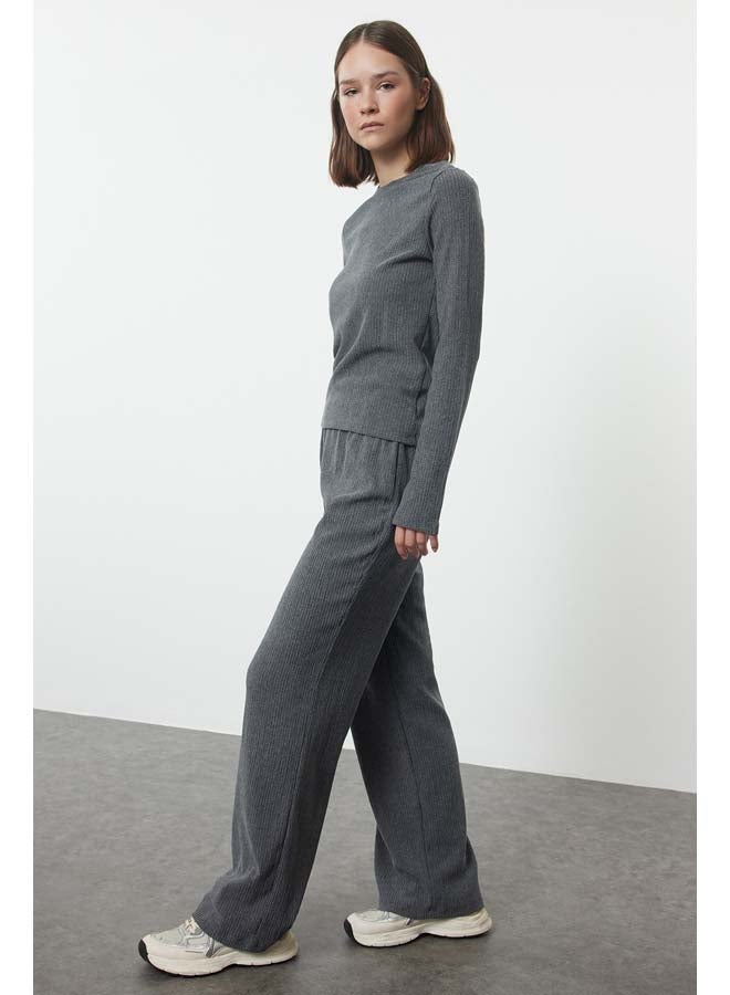 trendyol Anthracite Stand-Up Collar Gather Detailed Normal Waist Wideleg/Wide Leg Knitted Bottom-Top Set TWOAW25AU00105  - Image 2