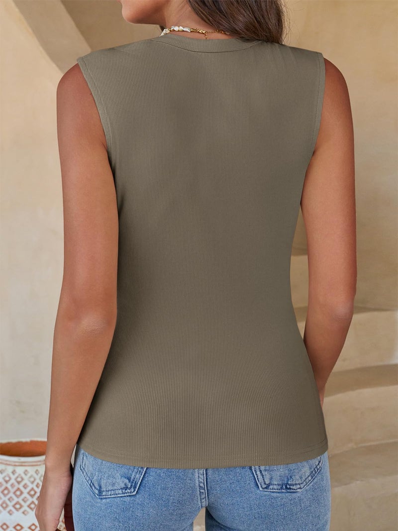 Yousify Womens Tank Tops Ribbed Scoop Neck Summer Sleeveless Top Fitted Basic Tee Shirts Slim Tanks Casual Clothes 2026 Khaki - Image 3