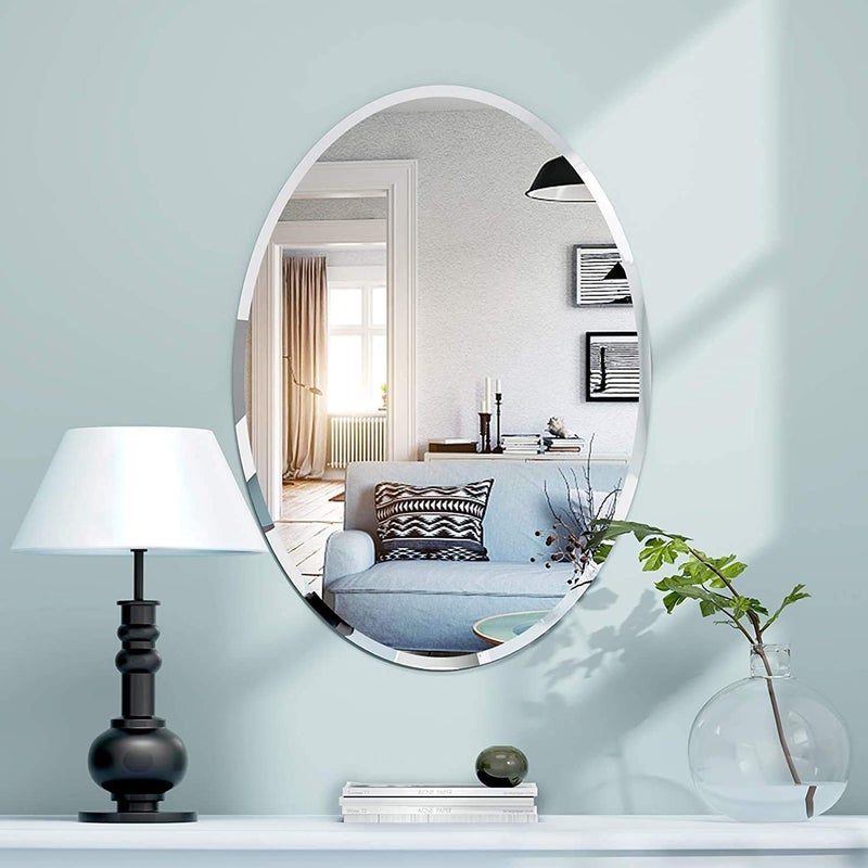PRINCE ART Makeup Mirror Glass Bathroom Wall Decorative Plain Wall Mirror Glass for Home Bedroom Living Room Drawing Room Hall Wash Basin Size 14x20 Inch Oval Plain - Image 1