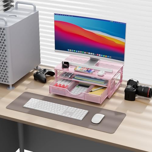 gianotter Computer Monitor Stand Riser, office organizer with Drawer, Office Organizers Storage for Classroom Office Supplies (Pink) - Image 2