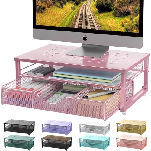 gianotter Computer Monitor Stand Riser, office organizer with Drawer, Office Organizers Storage for Classroom Office Supplies (Pink) - Image 1