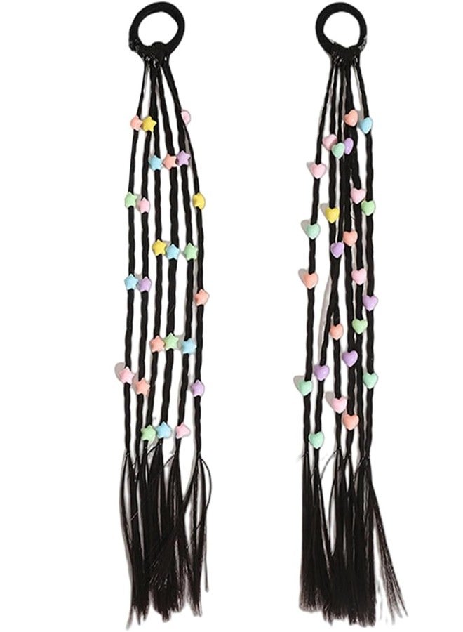 El Regalo 2PCs Cute Beaded Ponytail Hair Extensions Rubber Band- Stars & Hearts Beaded Braid Hairpieces for High Ponytail for Kids/Teen Girls/Women - Image 1