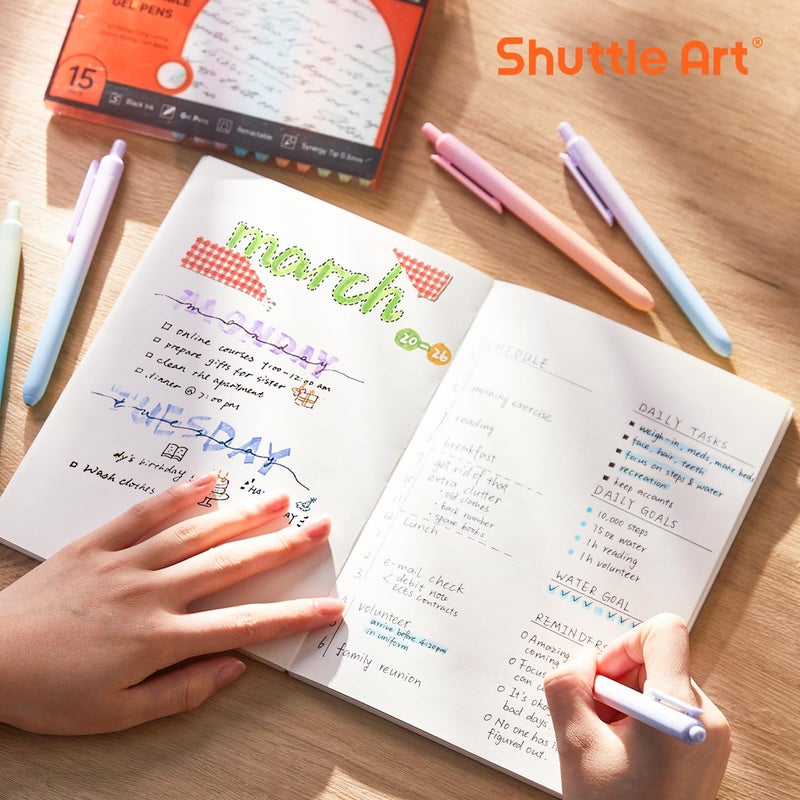 Shuttle Art Retractable Pastel Shifting Gel Ink Pens, 15 Pack Black Ink Pens, Cute Pens 0.5mm Fine Point Soft Aesthetic Barrel for Smooth Writing Journaling Taking Notes School Office Home - Image 5