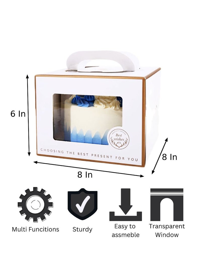 5 Pack 8x8x6 Inch Cake Boxes with Window, Cake Board for Cakes, Pies, Pastries, and Cake Decorating - Sturdy White Bakery Boxes with Clear Window for Easy Transport and Storage