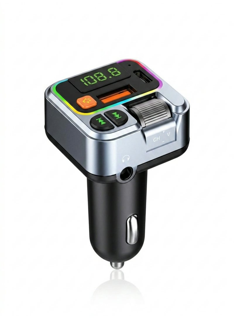 Bluetooth FM Transmitter Car Kit, Wireless Car MP3 Player, PD 20W Type-C and USB Fast Charger, Hands-Free Call, TF Card, AUX, RGB LED, 12-24V, Black - Image 1