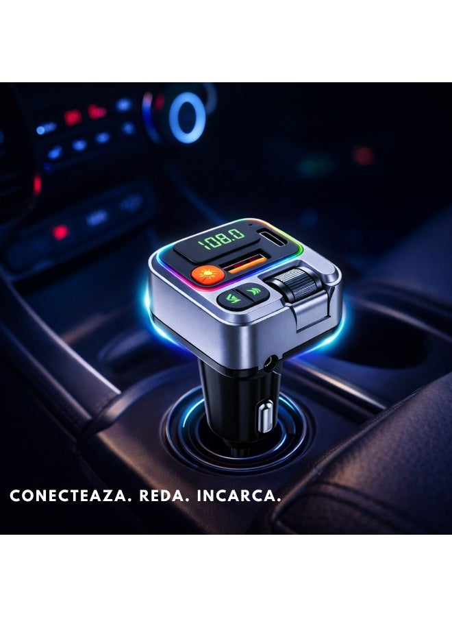 Bluetooth FM Transmitter Car Kit, Wireless Car MP3 Player, PD 20W Type-C and USB Fast Charger, Hands-Free Call, TF Card, AUX, RGB LED, 12-24V, Black - Image 4