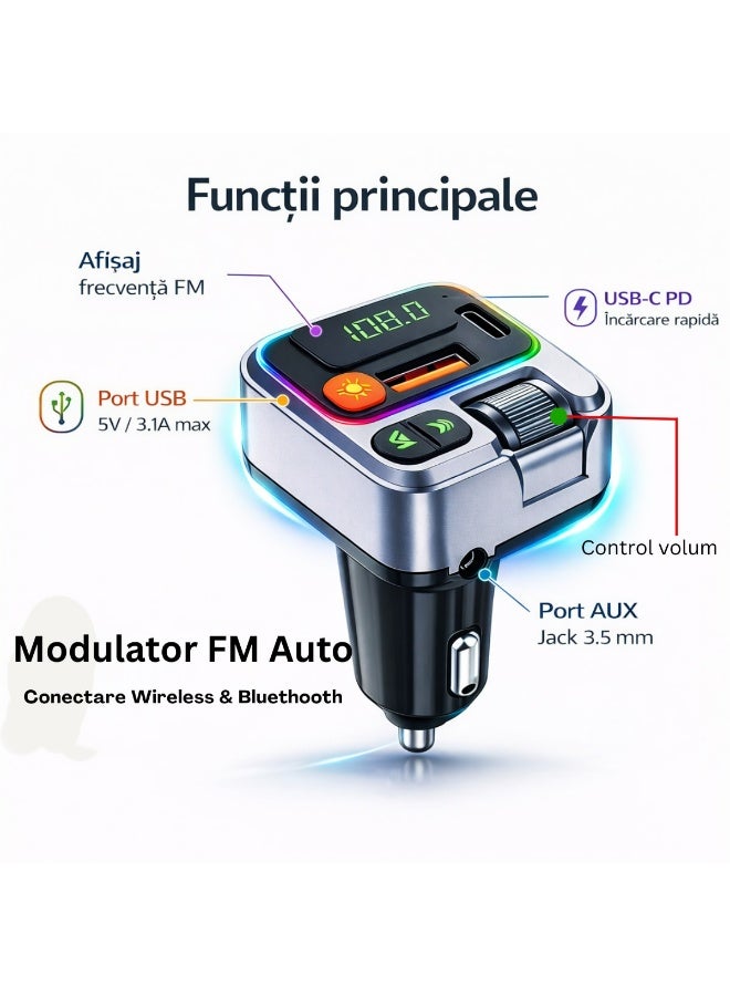 Bluetooth FM Transmitter Car Kit, Wireless Car MP3 Player, PD 20W Type-C and USB Fast Charger, Hands-Free Call, TF Card, AUX, RGB LED, 12-24V, Black - Image 3