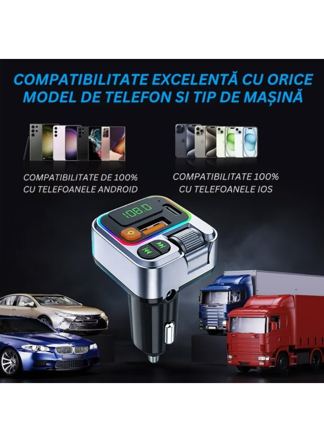 Bluetooth FM Transmitter Car Kit, Wireless Car MP3 Player, PD 20W Type-C and USB Fast Charger, Hands-Free Call, TF Card, AUX, RGB LED, 12-24V, Black - Image 2