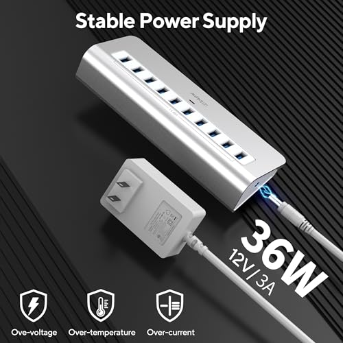 intpw 10 Port USB 3.2 Hub, YH6 10Gbps Powered USB Hub with 36W Power Adapter, USB-A & USB-C Cables, Aluminum Data-Only USB Hub for Laptop, PC, Mac, Windows, Linux, Chrome OS - Image 4