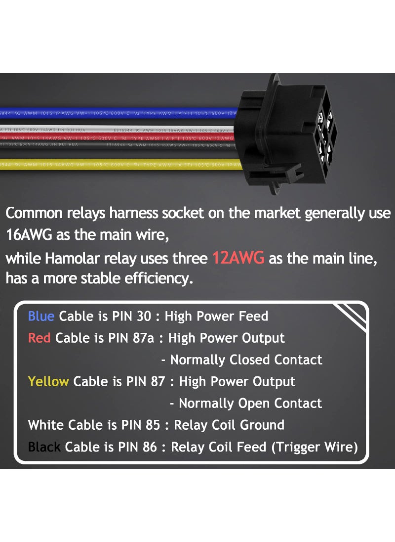 Hamolar Hamolar 3 Pack 80/60 AMP 12V DC Waterproof Car Relay and Harness - Heavy Duty 12 AWG Copper Wires, 5-PIN SPDT Bosch Style Automotive Relays Kit  - Image 2