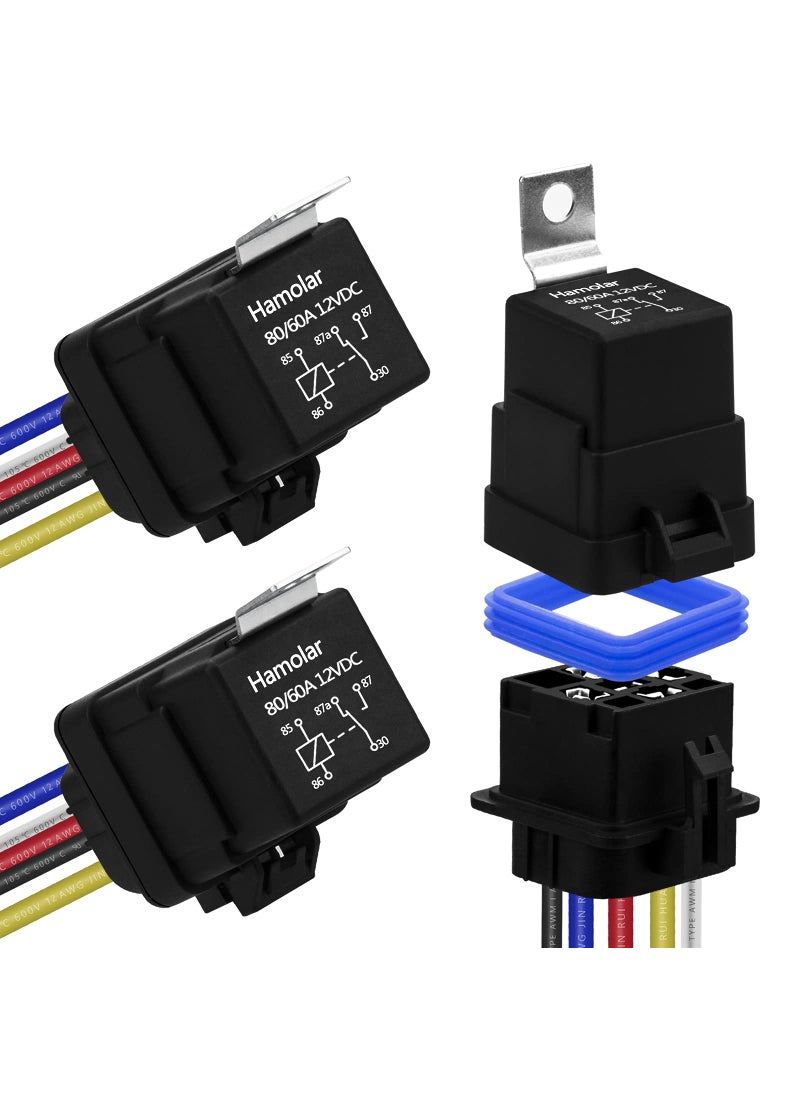 Hamolar Hamolar 3 Pack 80/60 AMP 12V DC Waterproof Car Relay and Harness - Heavy Duty 12 AWG Copper Wires, 5-PIN SPDT Bosch Style Automotive Relays Kit  - Image 1